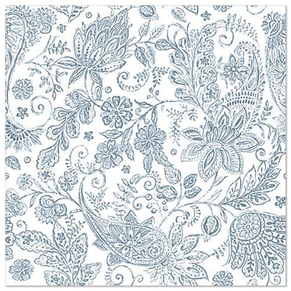 Weißer quadratischer Hintergrund mit einem dichten, filigranen blauen Blumen-Paisleymuster - ideal für PAPSTAR 50 Servietten "ROYAL Collection" 1/4-Falz 40 x 40 cm blau von PAPSTAR GmbH.