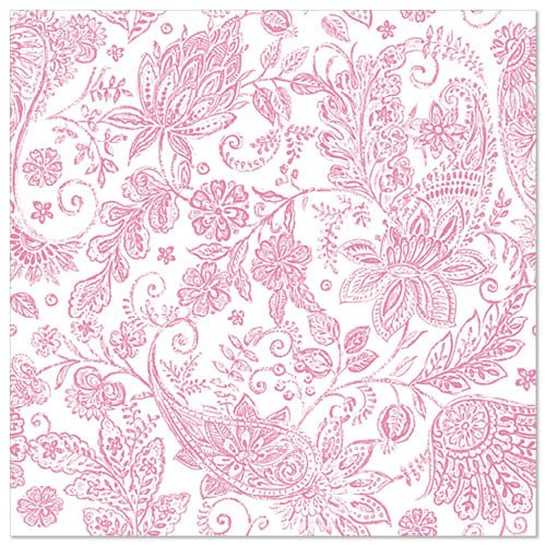 The ROYAL Collection 50 napkins (40 x 40 cm, fuchsia) from the PAPSTAR GmbH features a pink floral and paisley pattern with fuchsia accents on a white background—an elegant and intricate choice for any set table.
