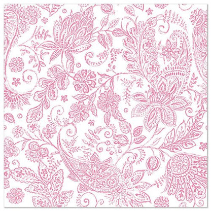 The ROYAL Collection 50 napkins (40 x 40 cm, fuchsia) from the PAPSTAR GmbH features a pink floral and paisley pattern with fuchsia accents on a white background—an elegant and intricate choice for any set table.