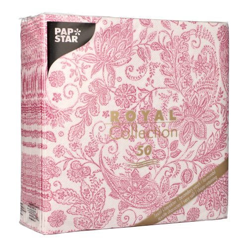 A 50-pack PAPSTAR "ROYAL Collection" napkins, 1/4-fold (40 x 40 cm), in an elegant fuchsia color from the PAPSTAR GmbH, featuring a stylish design and branded packaging.