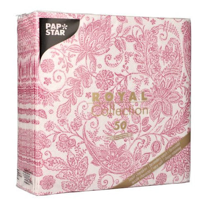 A 50-pack PAPSTAR "ROYAL Collection" napkins, 1/4-fold (40 x 40 cm), in an elegant fuchsia color from the PAPSTAR GmbH, featuring a stylish design and branded packaging.
