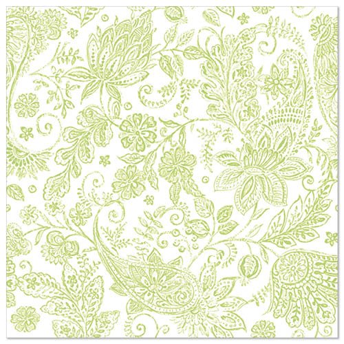 The PAPSTAR GmbH 50 napkins "ROYAL Collection" (1/4-fold, 40 x 40 cm, green) feature a detailed light green floral and paisley pattern on white - ideal for festive occasions, as flowers, leaves, and vines adorn the entire napkin.