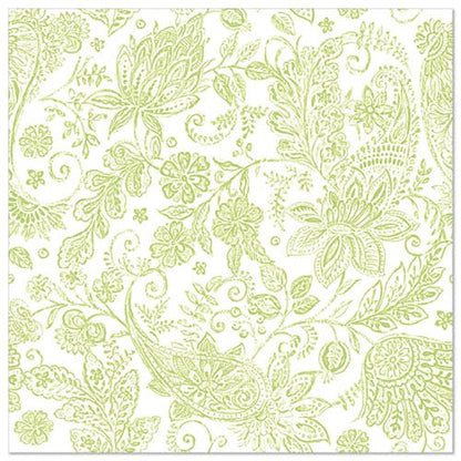 The PAPSTAR GmbH 50 napkins "ROYAL Collection" (1/4-fold, 40 x 40 cm, green) feature a detailed light green floral and paisley pattern on white - ideal for festive occasions, as flowers, leaves, and vines adorn the entire napkin.