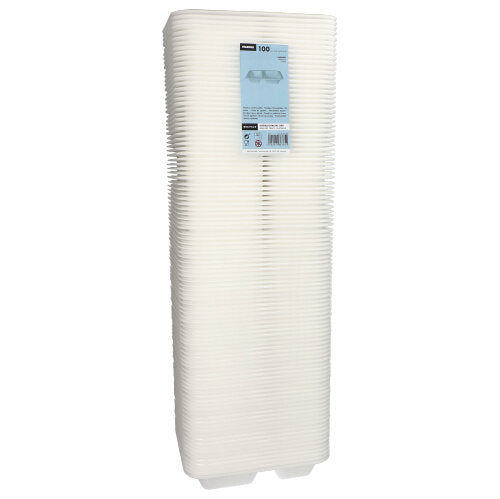 Abgebildet ist ein hoher Stapel weißer, rechteckiger Kunststoff-Lebensmittelbehälter von Starpak mit der Aufschrift „Starpak 100 Siegelschalen, XPS 2-geteilt weiß laminiert“.