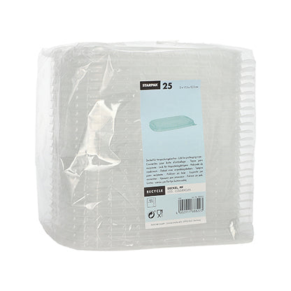 Eine Packung mit 25 rechteckigen, transparenten Starpak PP-Deckeln für Verpackungsbecher (1 x 17,3 x 12,3 cm) ist in Plastik eingewickelt und hat auf der Vorderseite ein blau-weißes Etikett mit Produkt- und Recyclinginformationen.