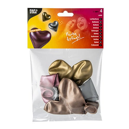 The PAPSTAR 4 balloons as big as the PAPSTAR The GmbH set includes four uninflated heart-shaped balloons in metallic gold, silver, rose gold, and bronze, packaged in a clear box featuring branding and balloon motifs—perfect for festive decorations.