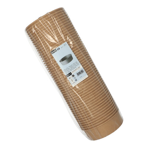 Ein 50er Pack Starpak runde braune Salatschalen aus Pappe mit PE-Beschichtung, plastikverschweißt, gestapelt, vorne mit weißem Produktetikett und Barcode – vielseitig einsetzbar.