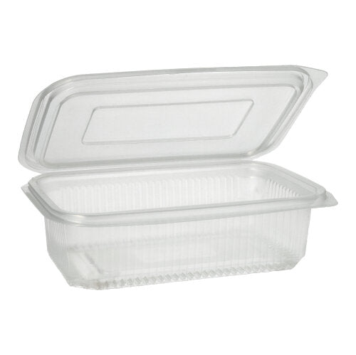 A transparent, rectangular Starpak 50 packaging cup with hinged lids from Starpak is open and empty and is shown against a plain white background.