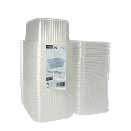 Pictured is a stack of 50 Starpak packaging cups with hinged lids (PP, transparent, rectangular), one of them with a product label featuring details and recycling symbols.