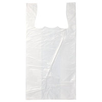 A Starpak 200 shirt-style carrier bag made of white HDPE by Starpak, featuring two handles, lies flat and transparent against a white background.