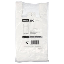 A pack of 200 Starpak shirt carrier bags, white HDPE, with product dimensions and eco-friendly recycling information printed in multiple languages on the packaging.
