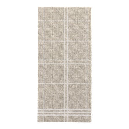 Ein rechteckiger beiger Teppich mit einem schlichten weißen Gittermuster, inspiriert vom eleganten Design der PAPSTAR 100 Servietten „ROYAL Collection“ 1/6-Falz (48 x 33 cm) der PAPSTAR GmbH.
