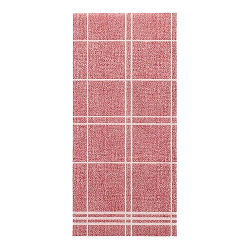 Eine rote rechteckige Serviette der PAPSTAR GmbH aus der ROYAL Collection (48 cm x 33 cm, 1/6-Falz) weist ein weißes Gittermuster mit gleichmäßigen Linien und einer leicht rauen Struktur auf.
