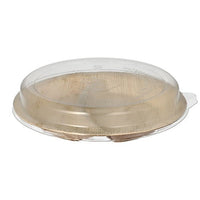 Das Starpak 10 Teller Palmblatt 2-geteilt 300 ml Ø 23 cm · 5,3 cm mit rPET-Deckel „Kombipack“ besteht aus umweltfreundlichen, unterteilten Tellern mit durchsichtigen Deckeln, die sicher zusammenpassen und auf einem weißen Hintergrund abgebildet sind.