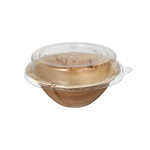 The Starpak 10 Bowls, Palm Leaf with rPET Lid 'Combo Pack' consists of small brown wooden bowls made from eco-friendly palm leaf with a recycled PET lid, depicted on a plain white background. Brand: Starpak.
