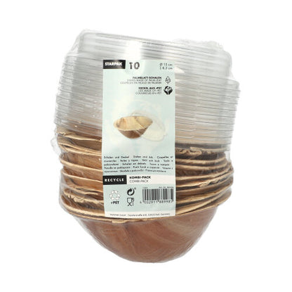 Starpak 10 Bowls, Palm Leaf with rPET Lid 'Combo Pack': A set of eco-friendly disposable bowls with a recycled PET lid. The front labels show recycling symbols and product information.