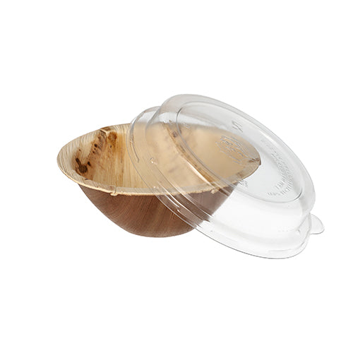 A small, round Starpak palm leaf bowl from the Starpak 10 Bowl Combo Pack, with a lid made of eco-friendly recycled rPET, partially covering it, against a plain white background.