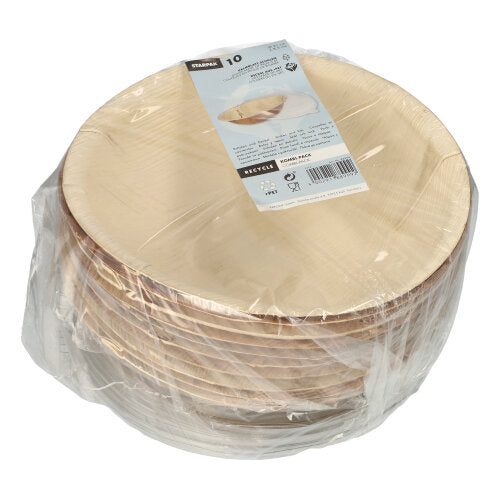 A clear plastic package with 10 Starpak palm leaf bowls with rPET lids in a light wood look and with a white product label on the top.