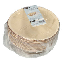 Eine durchsichtige Plastikpackung mit 10 Starpak Palmblatt-Schalen mit rPET-Deckel in heller Holzoptik und mit einem weißen Produktetikett auf der Oberseite.