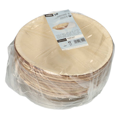 A clear plastic package with 10 Starpak palm leaf bowls with rPET lids in a light wood look and with a white product label on the top.