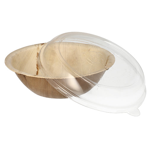 A light brown, round palm leaf bowl from the '10 Bowl Combo Pack' by Starpak with a transparent rPET lid with a small tab; both made from natural materials and recyclable PET.