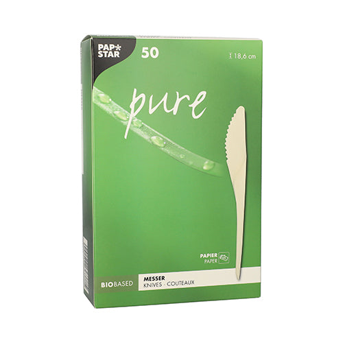 A white box with the inscription "pure" from PAPSTAR GmbH contains 50 white disposable knives (18.6 cm), ideal for parties and events; the folding box packaging is labeled in German, English, and French.