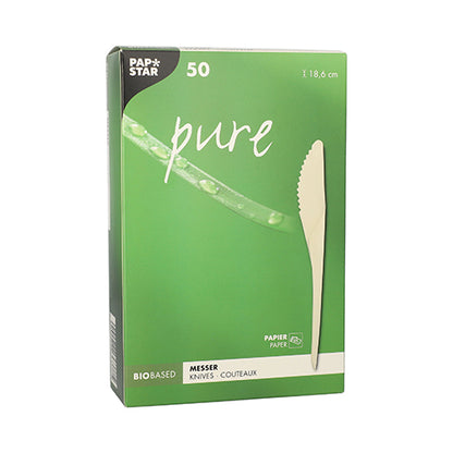 A white box with the inscription "pure" from PAPSTAR GmbH contains 50 white disposable knives (18.6 cm), ideal for parties and events; the folding box packaging is labeled in German, English, and French.