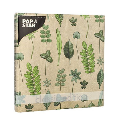 A brown PAPSTAR napkin package with a green leaf motif, labeled "classic edition," contains 20 three-ply napkins (33x33 cm, 1/4-fold) from the Design Set 6 of PAPSTAR GmbH.