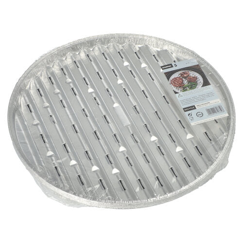 The Starpak 5 grill trays, aluminum - round disposable grill trays with slot openings - are equipped with a label showing the tray in use with meat and vegetables, making them perfect for your next barbecue party.