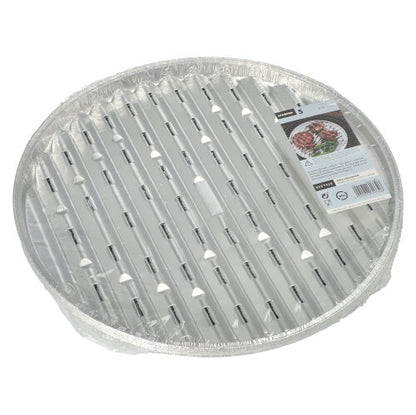 The Starpak 5 grill trays, aluminum - round disposable grill trays with slot openings - are equipped with a label showing the tray in use with meat and vegetables, making them perfect for your next barbecue party.