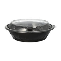 A round black Starpak 25 salad bowl food container (PET, 1000 ml, Ø 21.8 cm, 6 cm) with a clear, domed “Snap It” R-PET lid (25 pieces) is pictured against a plain white background.