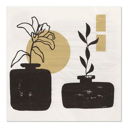 A drawing of two black vases with outlined plants against beige shapes on a white background, inspired by the elegant patterns of the PAPSTAR GmbH 20 napkins, 33x33 cm, 3-ply, assorted colors.