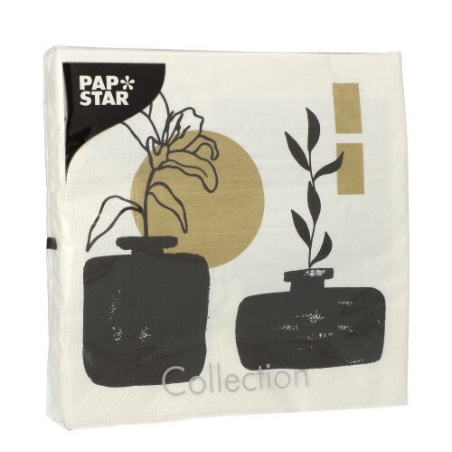 The PAPSTAR GmbH offers a pack of 20 colorful 3-ply napkins (33x33 cm, 1/4-fold) that elegantly enhance any table with their minimalist design—two black vases, abstract plants, and gold-and-black geometric accents.