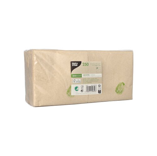 Eine rechteckige Packung mit 250 2-lagigen Servietten (24 x 24 cm, 1/4-Falz) der PAPSTAR GmbH in Braun, verpackt in transparenter Folie mit Produktinfo-Etikett, Umweltsymbolen und grünen Akzenten.