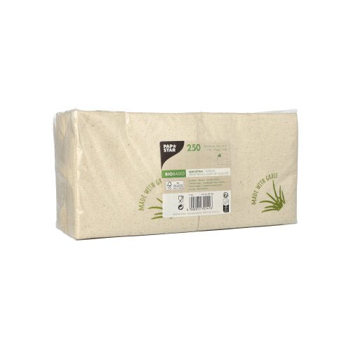 Eine versiegelte rechteckige Packung mit 250 beigen Servietten der PAPSTAR GmbH, 2-lagig, 24 x 24 cm, mit einem weißen Etikett und grünen Akzenten, auf denen Produktdetails, Symbole, Grasgrafiken und der Markenname „PAPSTAR“ zu sehen sind.