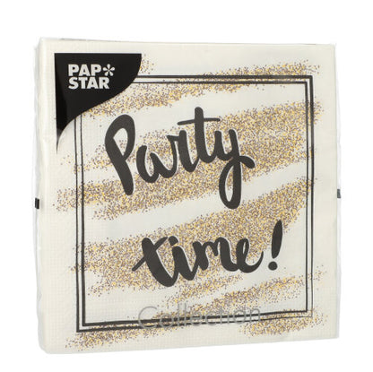 Diese 3-lagigen weißen PAPSTAR GmbH Servietten (33x33 cm, 1/4-fach gefaltet) sind mit goldenen Glitzerstreifen und dem Schriftzug "Party time!" in schwarzer Schrift sowie einem schwarzen "PAP STAR"-Etikett oben links versehen - ideal für Feiern. Satz zu 20 Stück.