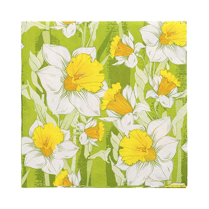 PAPSTAR 100 napkins, 3-ply, 33x33 cm from PAPSTAR GmbH: paper napkins with white and yellow daffodils on a green background. Extra soft and tear-resistant due to three-ply quality.