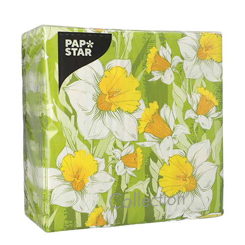 A pack of 3-ply napkins from PAPSTAR GmbH, 33 x 33 cm, 1/4-fold, with a green background and large white and yellow daffodils. Contains 100 napkins in a square, plastic-wrapped package for freshness.