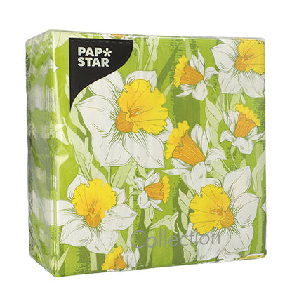 A pack of 3-ply napkins from PAPSTAR GmbH, 33 x 33 cm, 1/4-fold, with a green background and large white and yellow daffodils. Contains 100 napkins in a square, plastic-wrapped package for freshness.