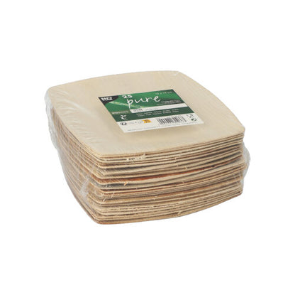 A stack of 25 plates by PAPSTAR GmbH, palm leaf "pure" natural "QUADRATO", square, eco-friendly palm leaf plates, wrapped in clear foil and provided with a green-white label on the top.