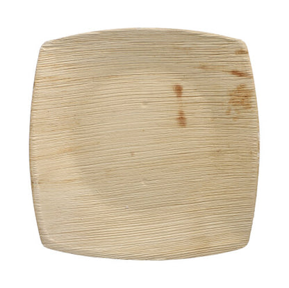 A square, light PAPSTAR 25 plate palm leaf "pure" natural "QUADRATO" by PAPSTAR GmbH with natural grain and small brown spots on the top right, depicted from above on a white background.