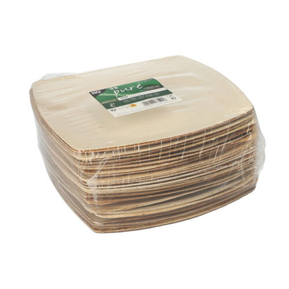 A stack of PAPSTAR 25 plate palm leaf "pure" natural "QUADRATO" by PAPSTAR GmbH is packaged in clear foil with a green-white label and offers eco-friendly disposable tableware for sustainable dining.