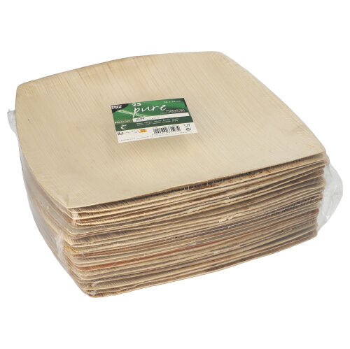 A pack of 25 PAPSTAR palm leaf "pure" natural QUADRATO plates by PAPSTAR GmbH - square, eco-friendly disposable tableware in clear foil with green-white label, ideal as eco-friendly disposable tableware for any event.