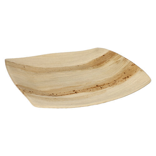 The PAPSTAR 25 plate, palm leaf "pure" natural "QUADRATO" plate by PAPSTAR GmbH is a square, flat, eco-friendly disposable plate with rounded edges, smooth surfaces, visible grain, and natural darker stripes.