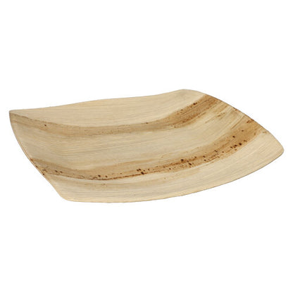 The PAPSTAR 25 plate, palm leaf "pure" natural "QUADRATO" plate by PAPSTAR GmbH is a square, flat, eco-friendly disposable plate with rounded edges, smooth surfaces, visible grain, and natural darker stripes.