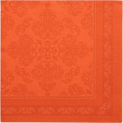 The PAPSTAR 50 "ROYAL Collection" napkins, 1/4-fold, 40 x 40 cm, in nectarine, with an embossed floral pattern and decorative border—perfect for adding a touch of elegance to your table setting.