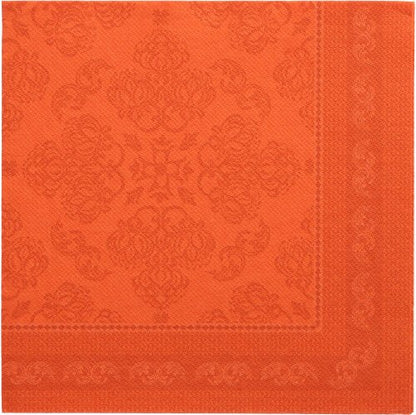 The PAPSTAR 50 "ROYAL Collection" napkins, 1/4-fold, 40 x 40 cm, in nectarine, with an embossed floral pattern and decorative border—perfect for adding a touch of elegance to your table setting.