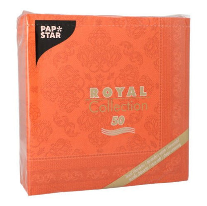 A package of 50 PAPSTAR GmbH "ROYAL Collection" napkins, 1/4-fold, 40 x 40 cm in nectarine, feature a subtle pattern with gold and white lettering.
