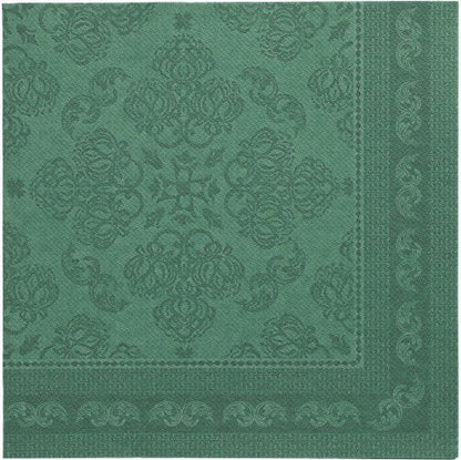 Dark green, 40 x 40 cm square napkin from the ROYAL Collection of PAPSTAR GmbH with decorative embossing pattern and border.