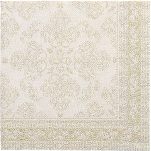 Die quadratische Serviette 40x40 cm aus der ROYAL-Kollektion der PAPSTAR GmbH in Champagner zeigt ein verziertes Blumenmuster mit dekorativem Rand, flach auf weißem Hintergrund. Die Packung enthält 50 Servietten, 1/4-fach gefaltet.